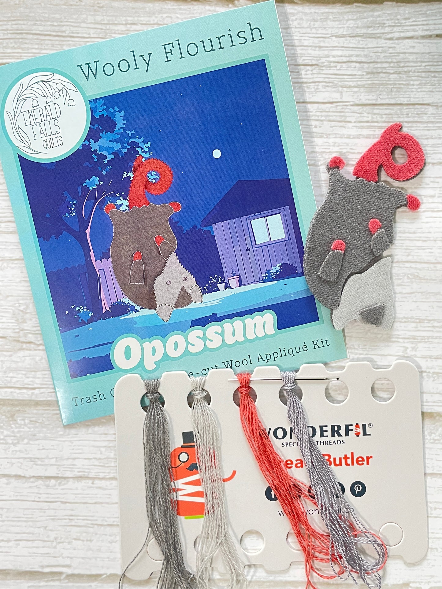 Opossum - Wooly Flourish Trash Collector Pre-Cut Wool Appliqué Kit
