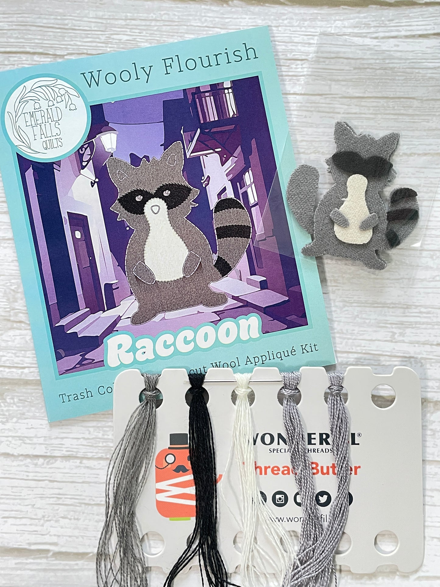 Raccoon - Wooly Flourish Trash Collector Pre-Cut Wool Appliqué Kit