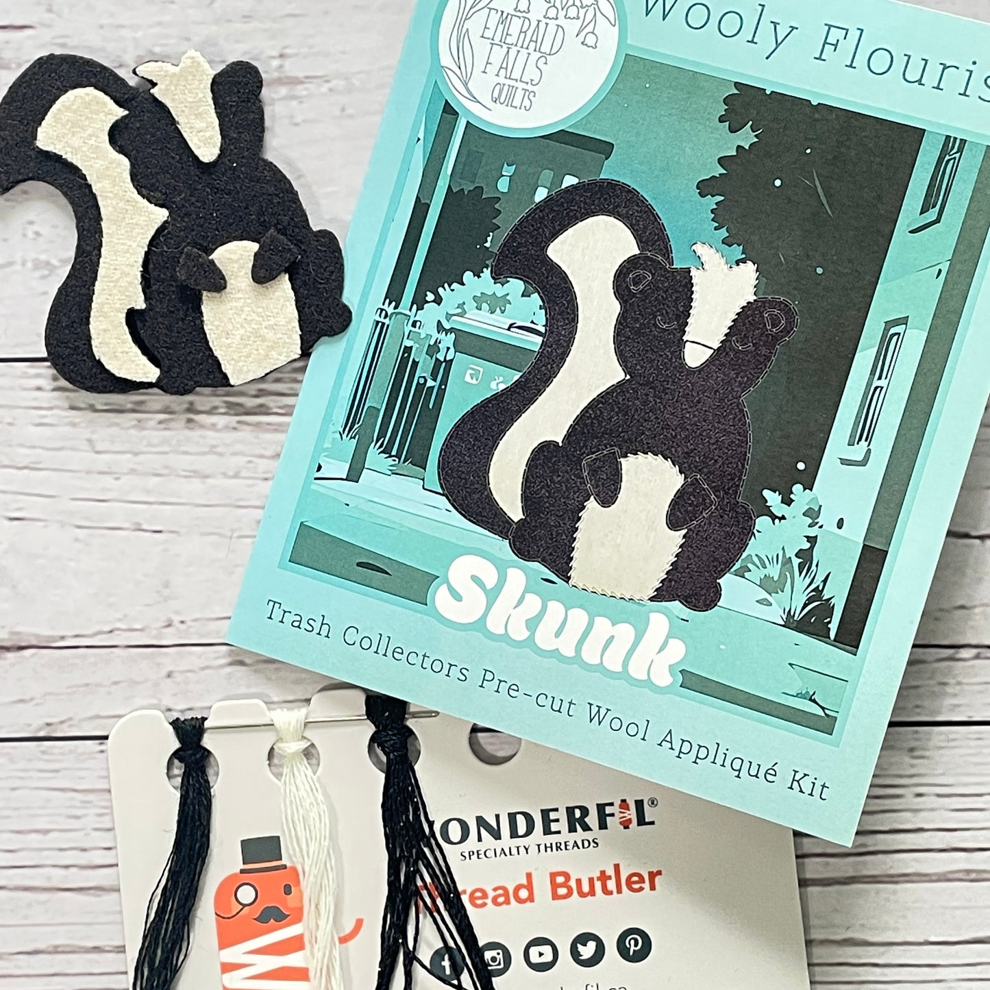 Skunk - Wooly Flourish Trash Collector Pre-Cut Wool Appliqué Kit